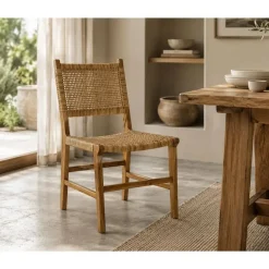 Silla de Comedor en Madera de Teca y Ratán Marrón Claro MB-199294