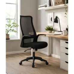 Silla de Oficina con Ruedas Tapizada en Tela y Rejilla Negra MAR