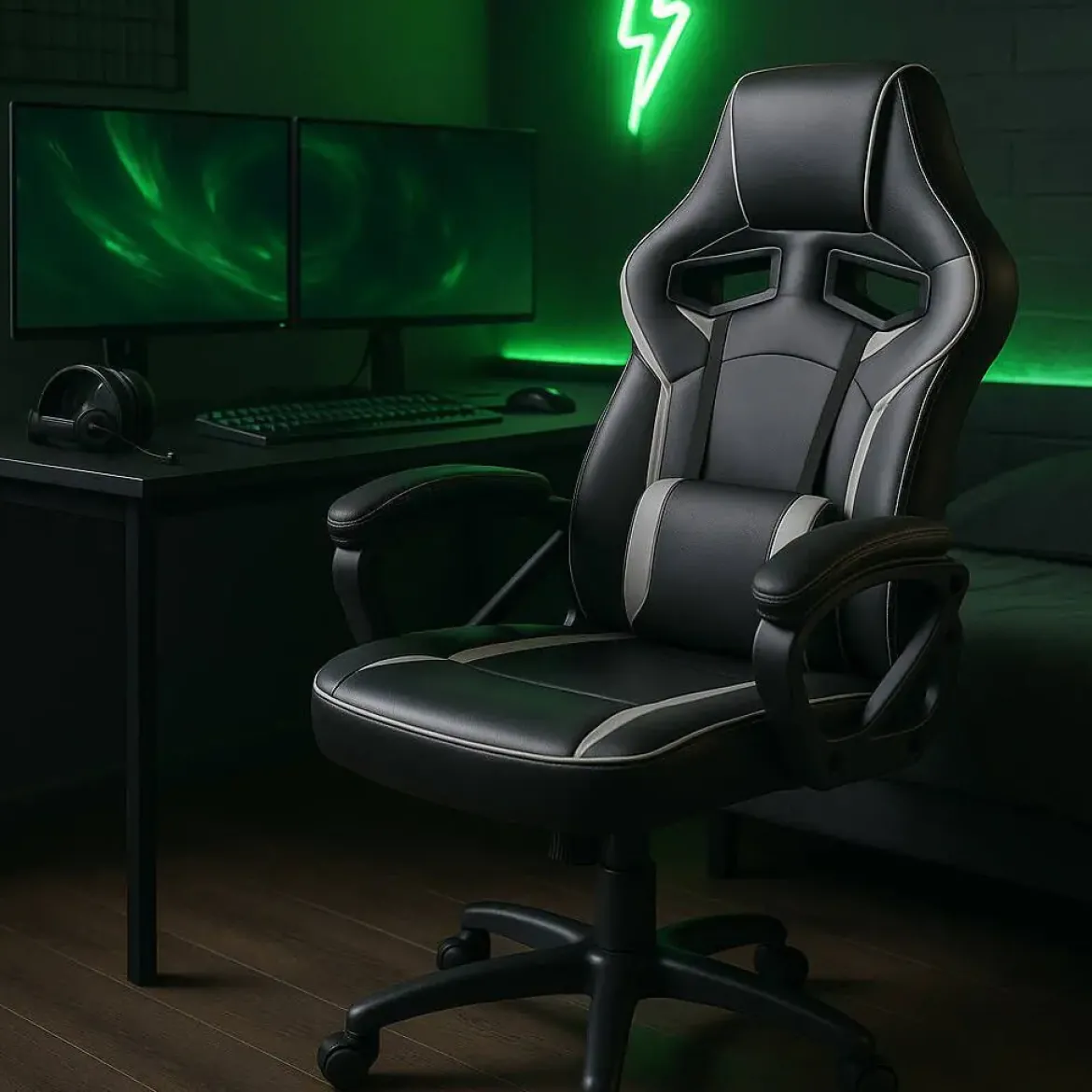Silla Gaming de Polipiel Negra-Gris con Soporte Lumbar MARTE