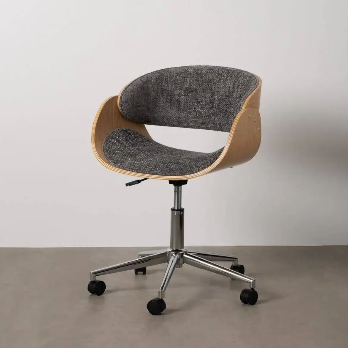 Silla Giratoria Gris-Natural con Patas de Nilón y Respaldo en Nogal 612639