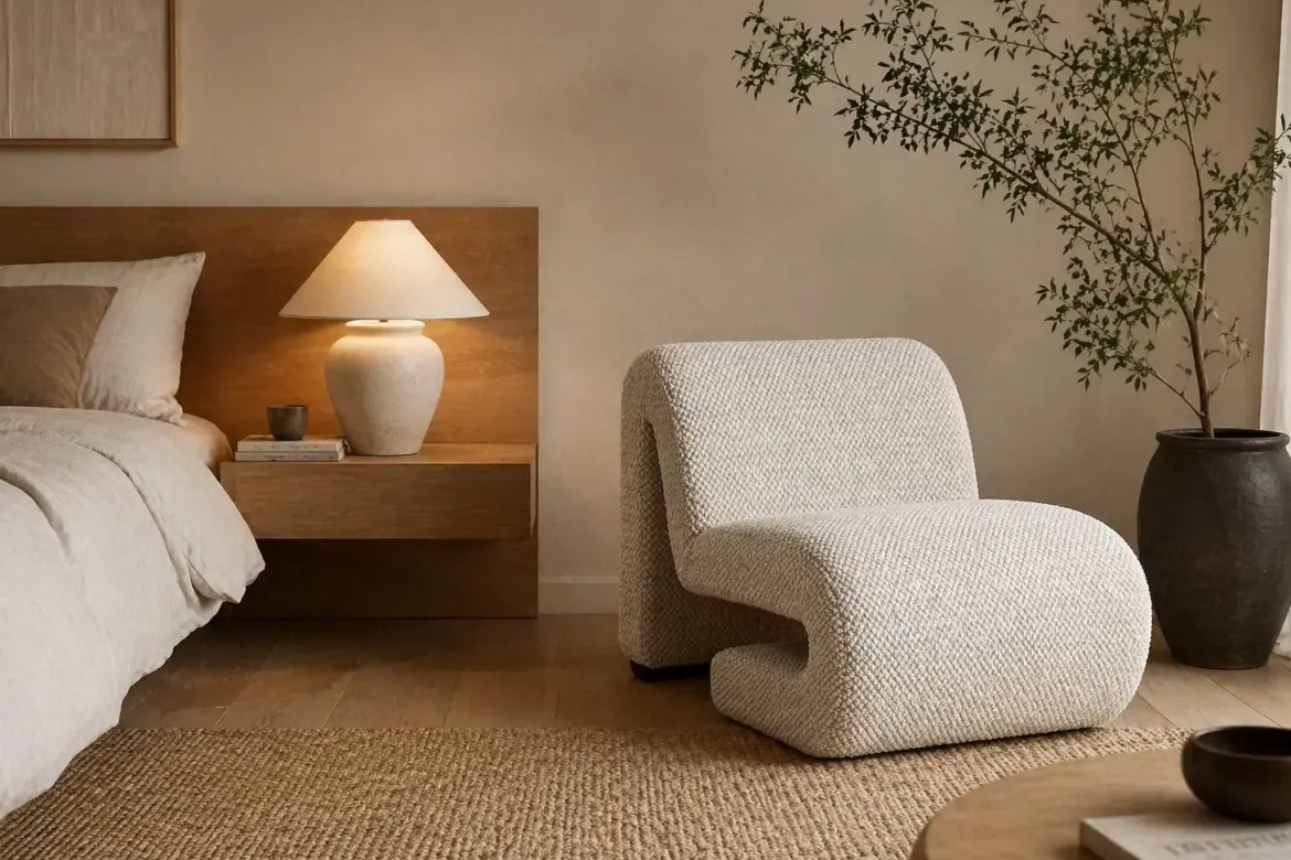 Sillón Beige Tapizado en Suave Poliéster Sobre Estructura de Madera Chapada 29-44