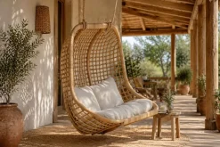 Sillón Colgante de Ratán Natural con Tapizado en Poliéster MB-221975