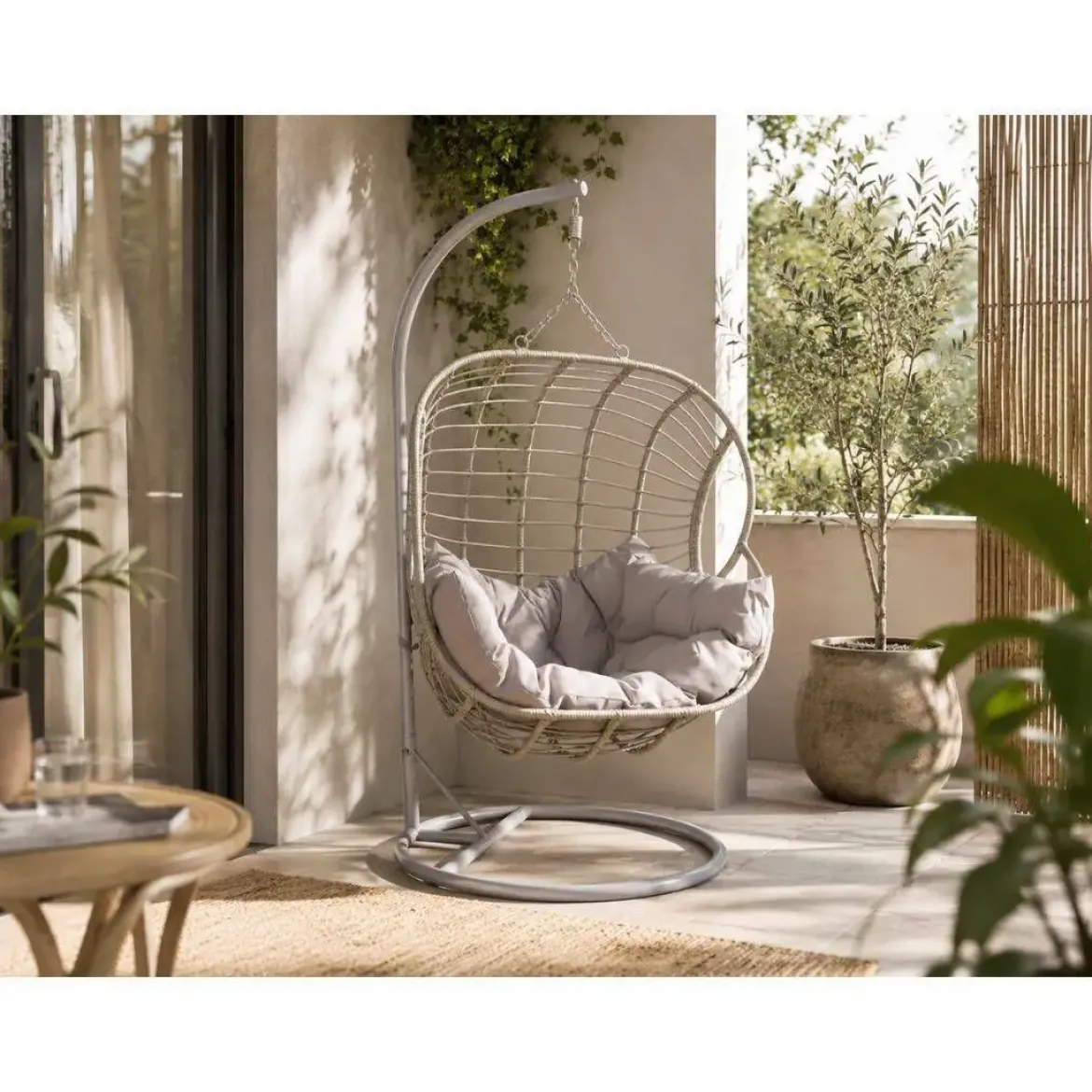 Sillón Colgante de Ratán Sintético 2 Plazas Gris MB-224156