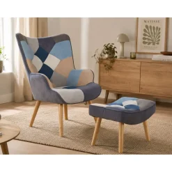 Sillón de Lectura Patchwork con Reposapiés en Lino MB-205533