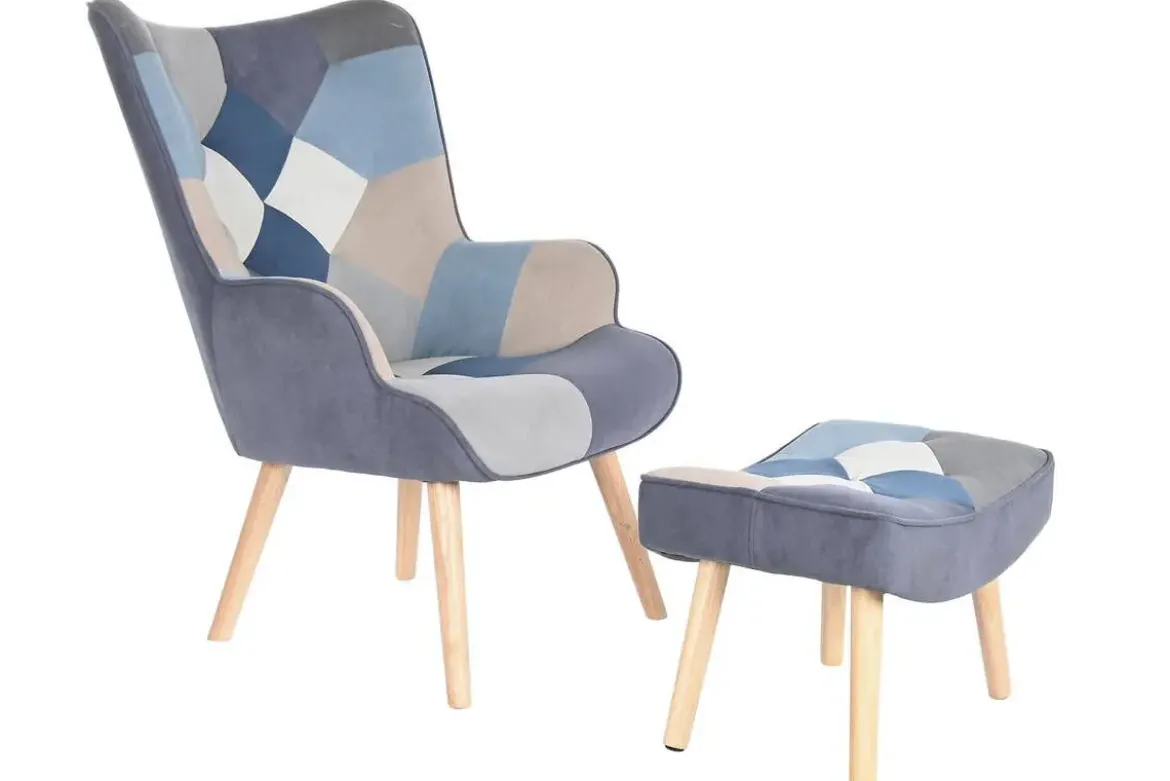 Sillón de Lectura Patchwork con Reposapiés en Lino MB-205533