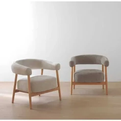 Sillón de Madera de Roble Natural Tapizado en Chenilla Blanca GABAR 11685