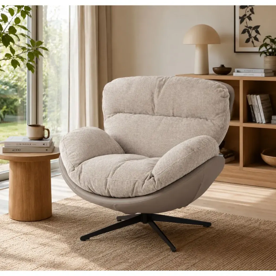 Sillón Giratorio Tapizado en Tela y Cuero Sintético Gris Oscuro y Vsion ADINDA 0732240
