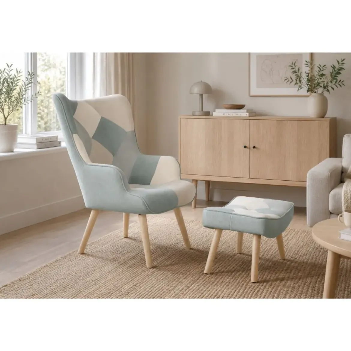 Sillón Orejero Tapizado Multicolor con Reposapiés Madera Hevea MB-207731