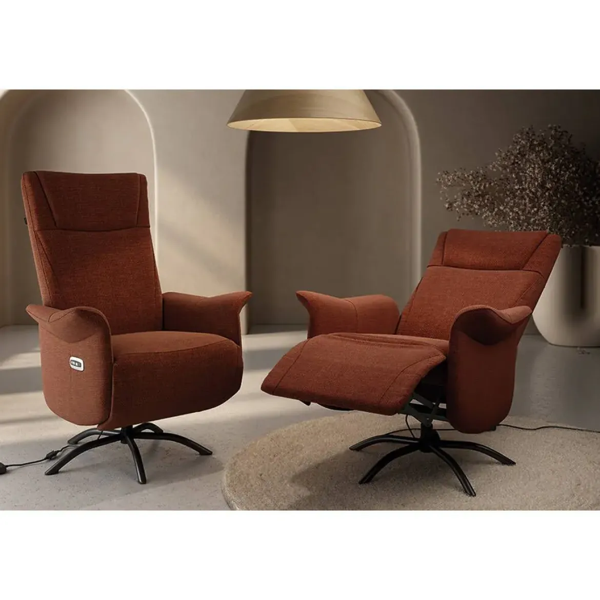Sillón Relax Eléctrico Giratorio con USB Tapizado en Tela Terracota GALA