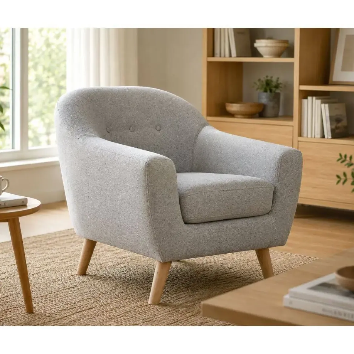 Sillón Tapizado en Poliéster Color Topo con Patas de Madera MB-221694
