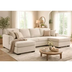 Sofá Cama Chaiselongue en Poliéster Arena con Estructura de Madera MB-218994
