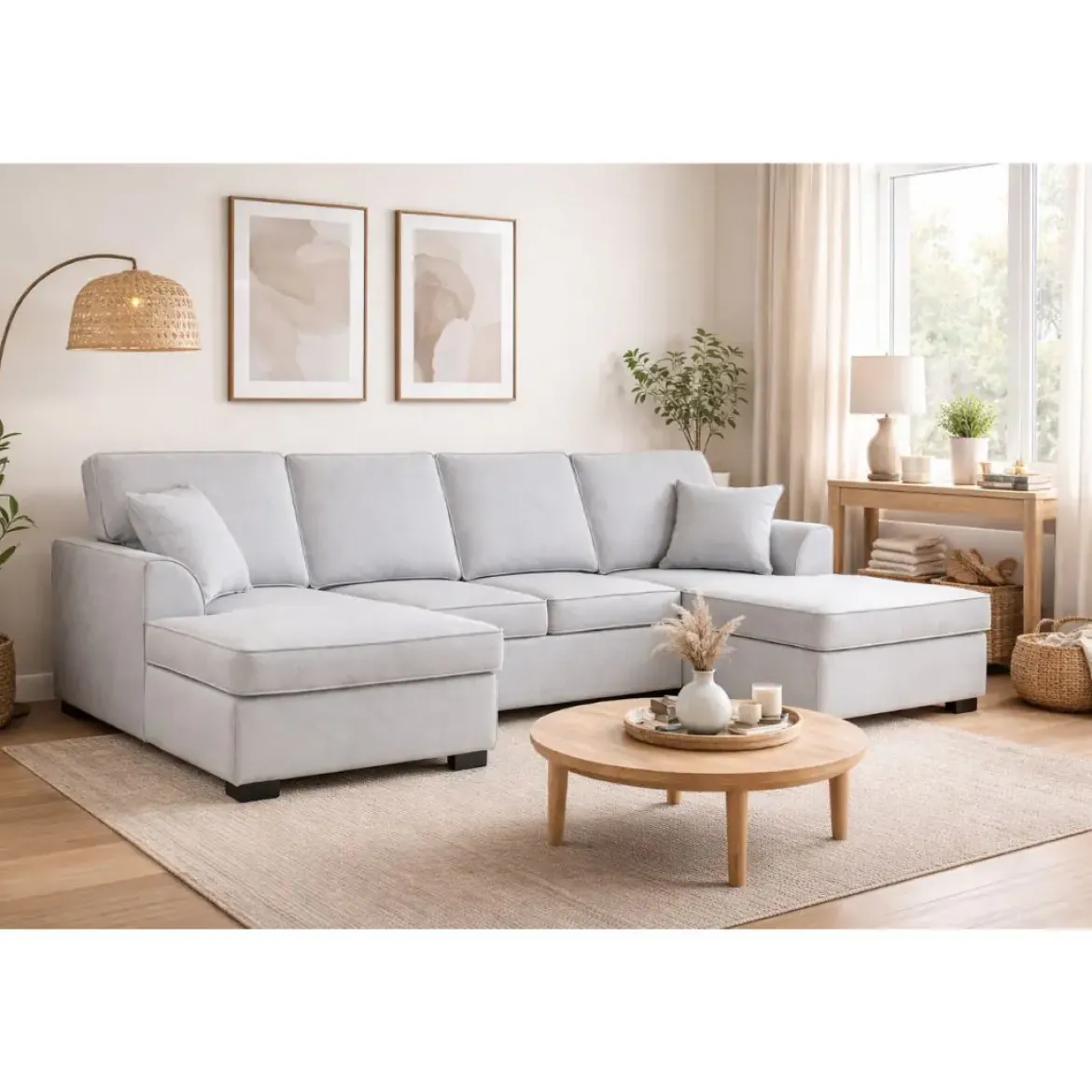 Sofá Cama Chaiselongue en Poliéster Gris con Estructura de Madera MB-211718