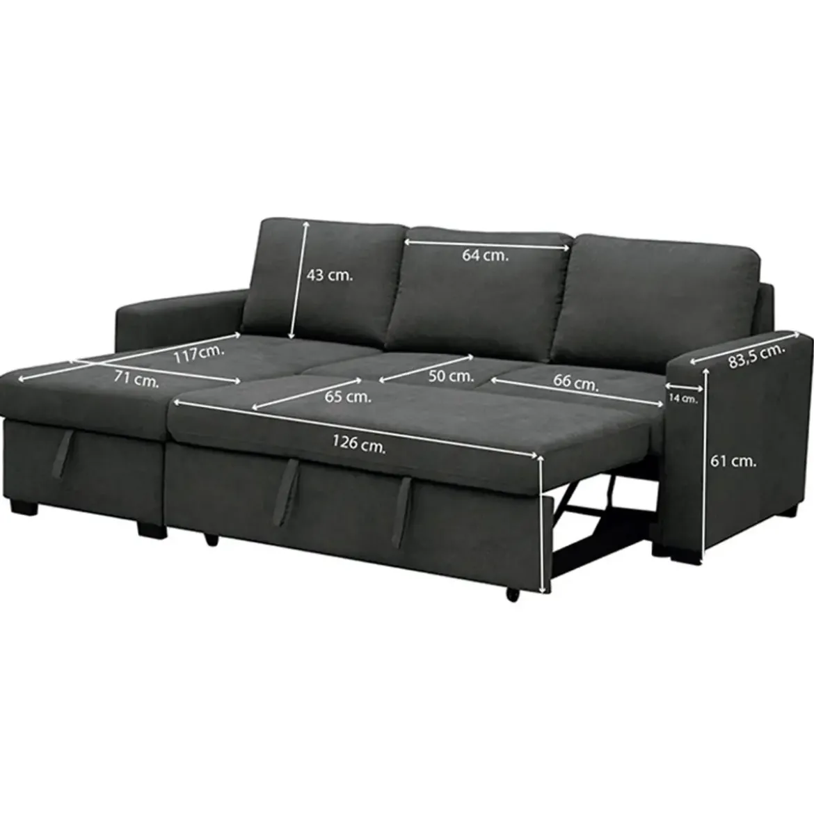 Sofá Cama con Chaise Longue Reversible con Arcón color Gris PATON