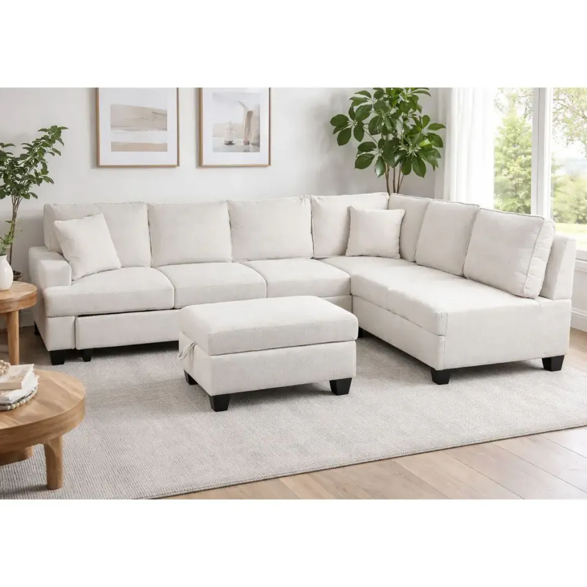 Sofá Cama Rinconera 285 cm en Poliéster Beige con Puff y Arcón MB-219482