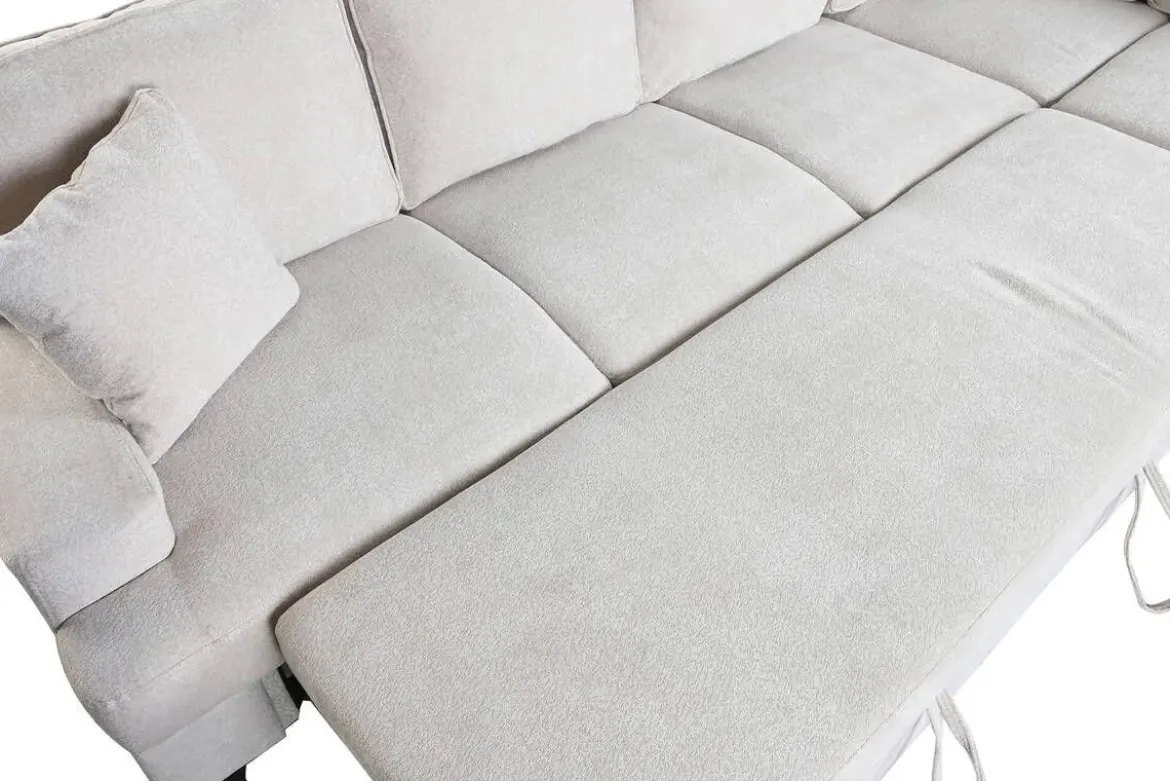 Sofá Cama Rinconera 285 cm en Poliéster Beige con Puff y Arcón MB-219482