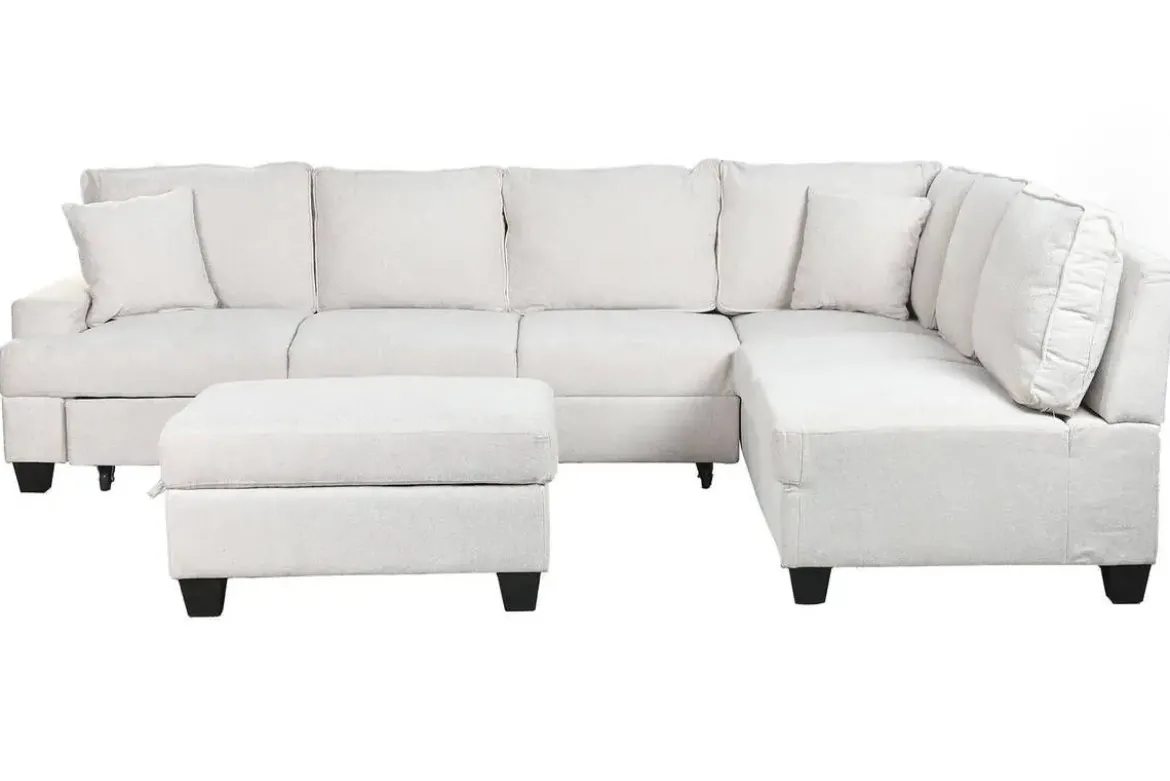 Sofá Cama Rinconera 285 cm en Poliéster Beige con Puff y Arcón MB-219482
