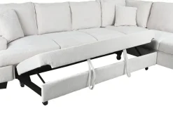Sofá Cama Rinconera 285 cm en Poliéster Beige con Puff y Arcón MB-219482