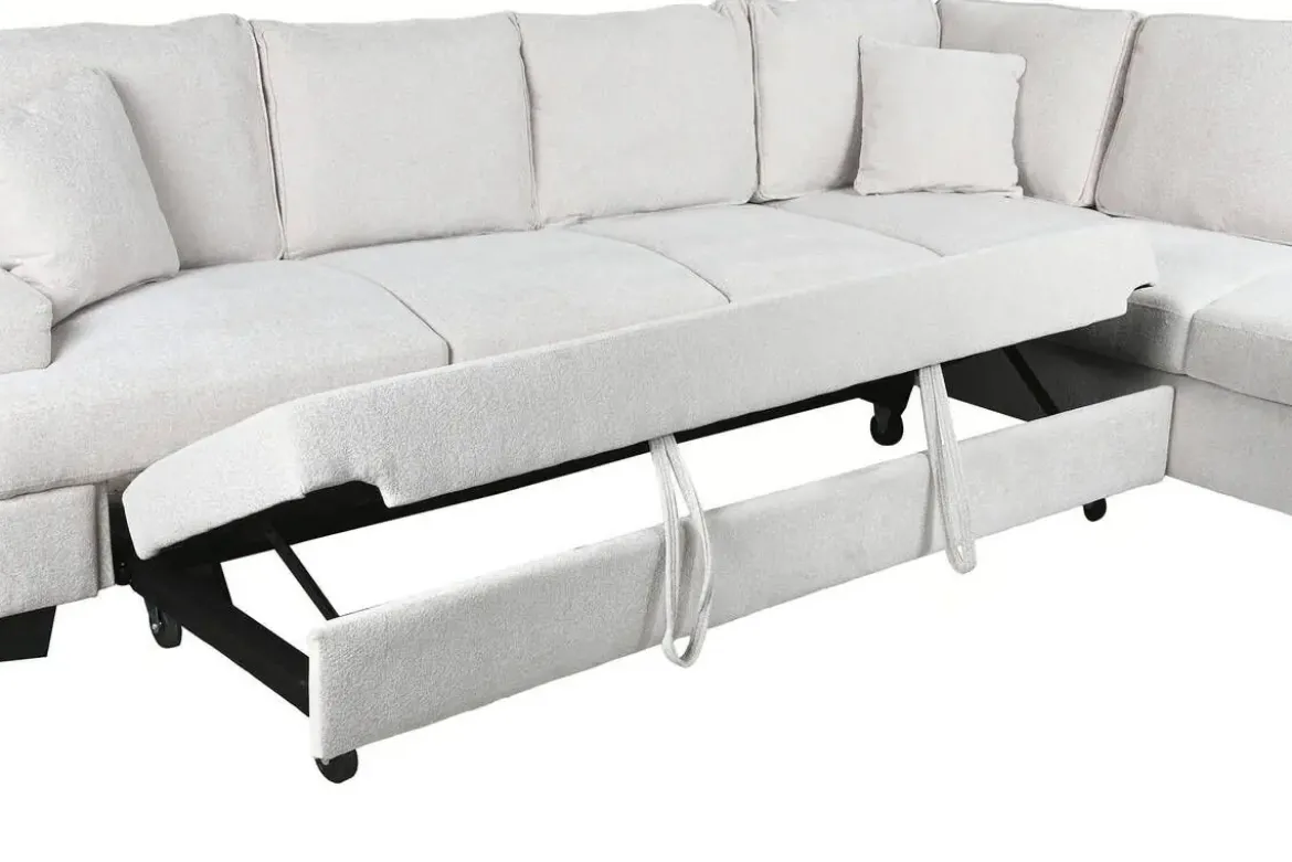 Sofá Cama Rinconera 285 cm en Poliéster Beige con Puff y Arcón MB-219482