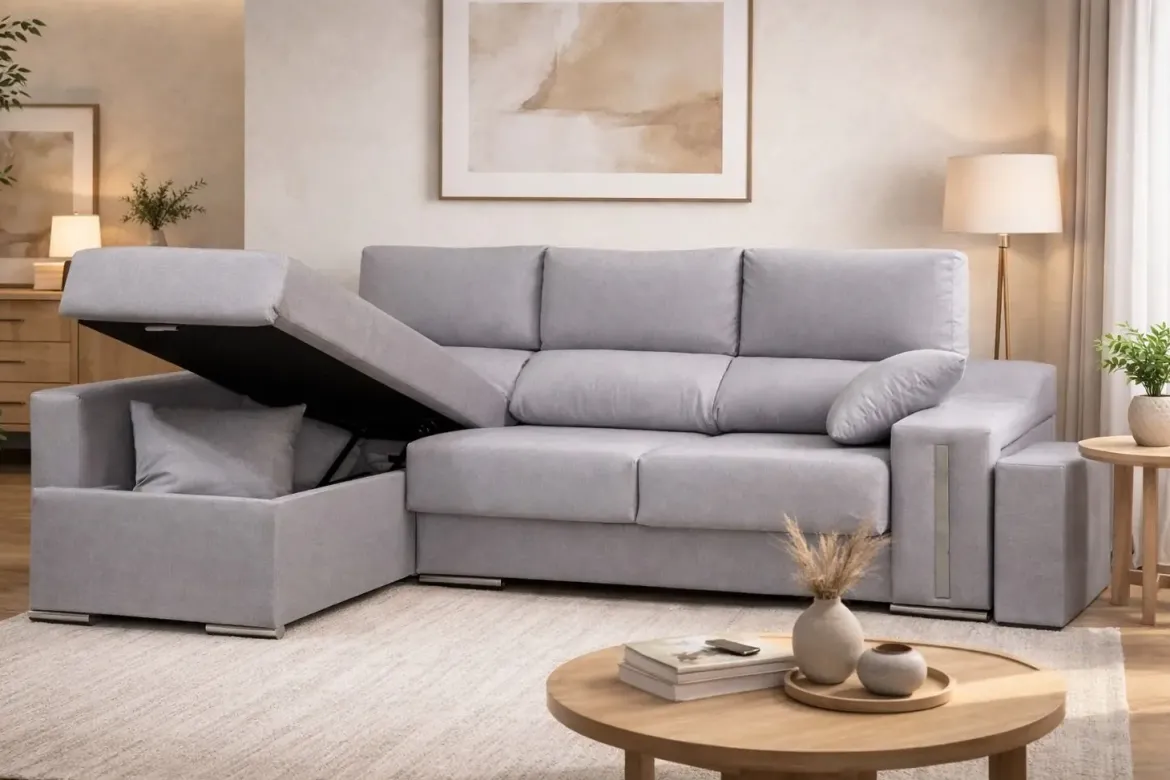 Sofá Chaise Longue con Arcón Izquierda y 2 Puff SALOMON