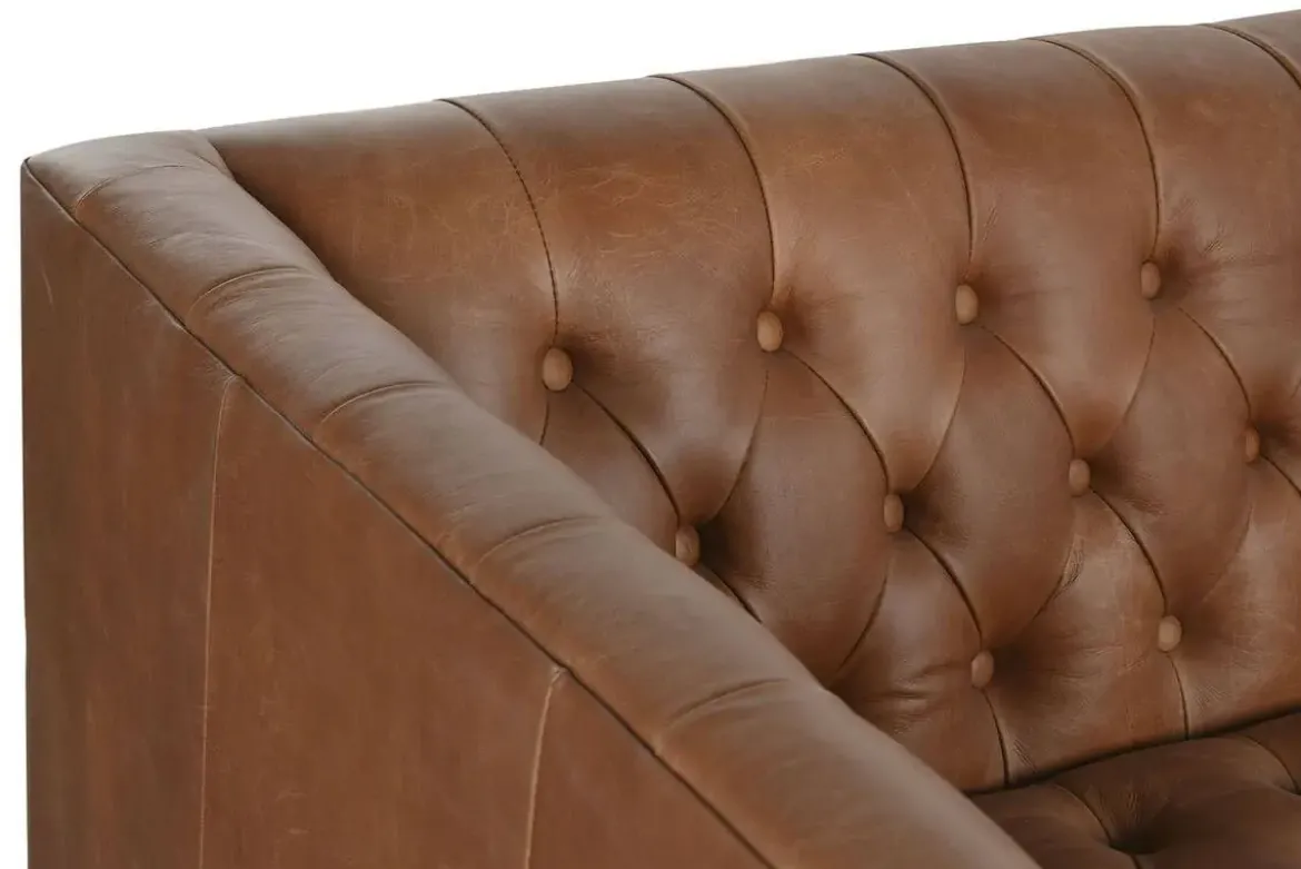 Sofá de Piel Capitoné con Patas de Acero Cognac MB-216492