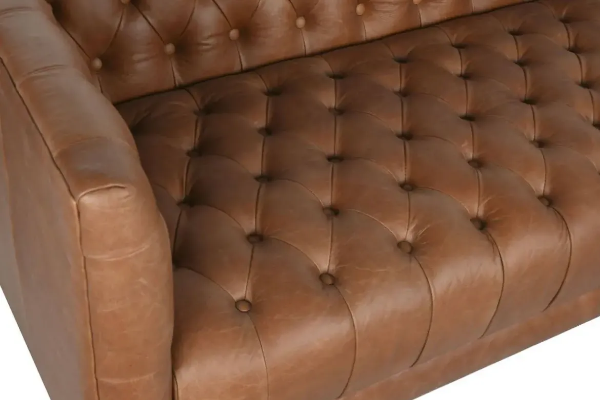 Sofá de Piel Capitoné con Patas de Acero Cognac MB-216492