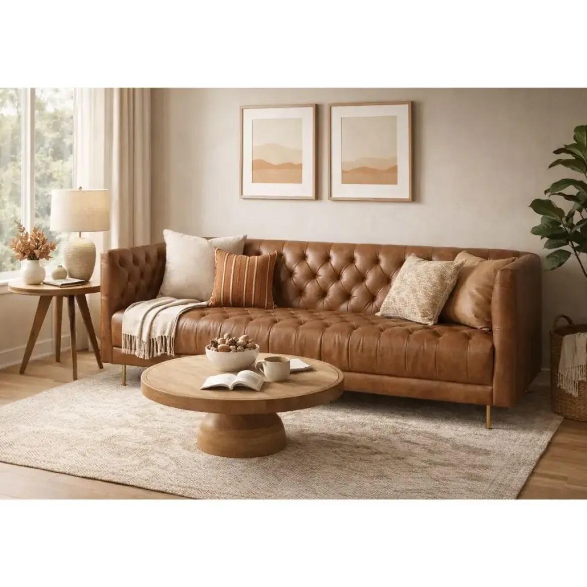 Sofá de Piel Capitoné con Patas de Acero Cognac MB-216492