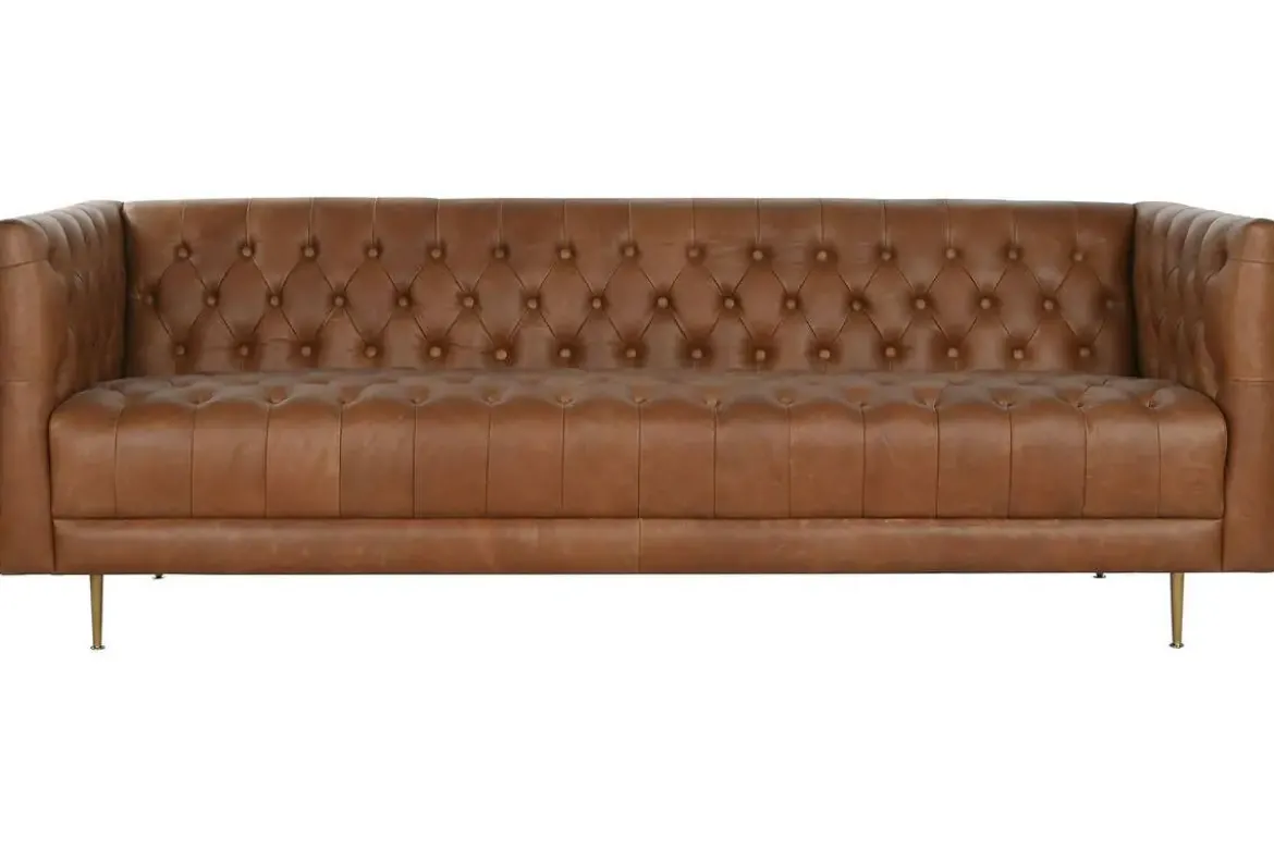 Sofá de Piel Capitoné con Patas de Acero Cognac MB-216492