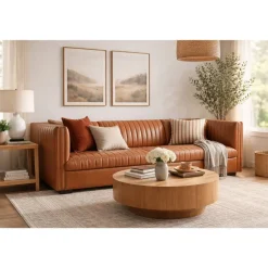 Sofá de Piel 4 Plazas en Color Cognac Estructura Madera MB-221637