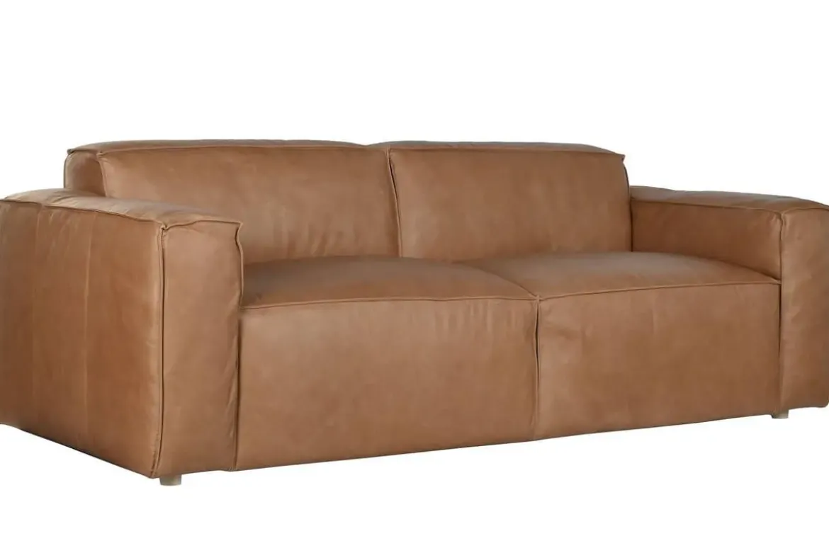 Sofá de 3 Plazas en Piel Color Coñac con Estructura de Madera MB-221638
