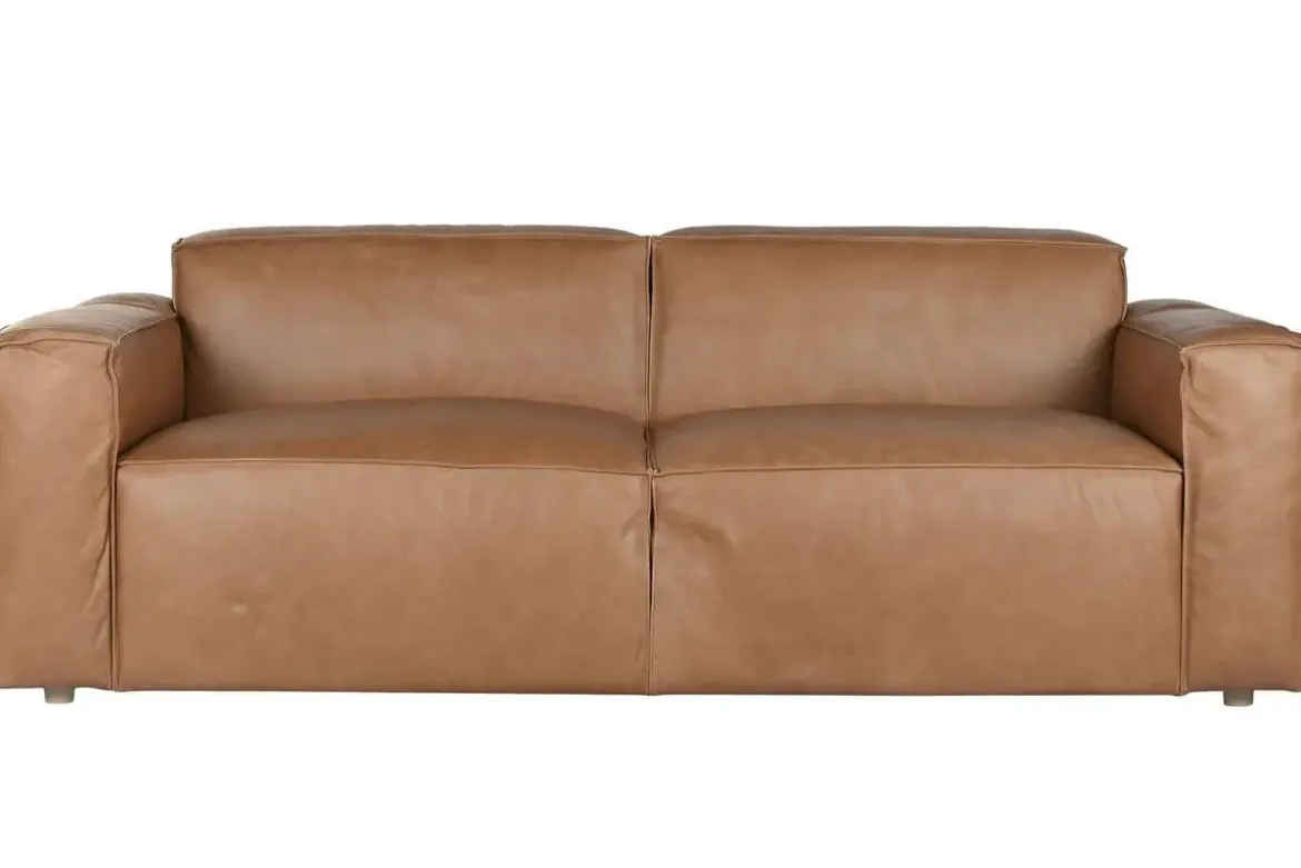 Sofá de 3 Plazas en Piel Color Coñac con Estructura de Madera MB-221638