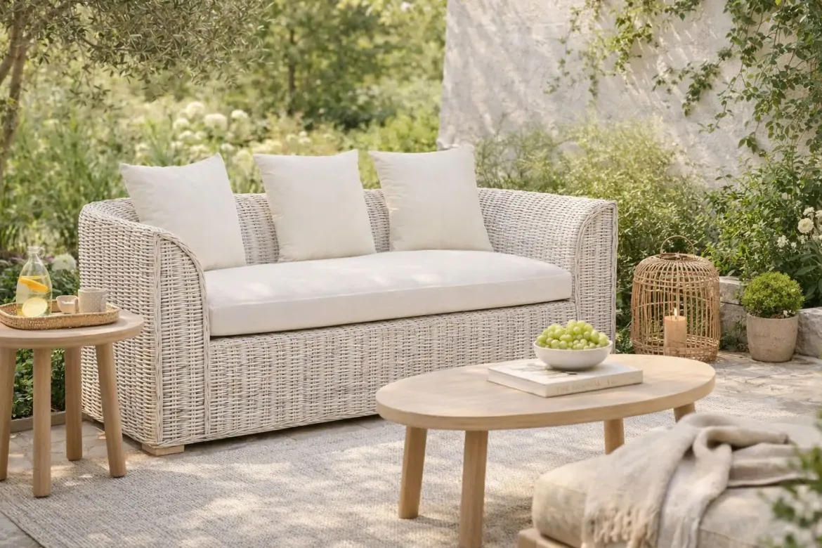 Sofá de Ratán con Cojines de Algodón y Estructura de Madera MB-224100