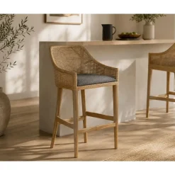 Taburete Alto de Ratán y Madera de Mindi GrisMB-228500