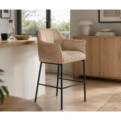Taburete Alto en Símil Piel con Estructura Metálica Beige MB-207831