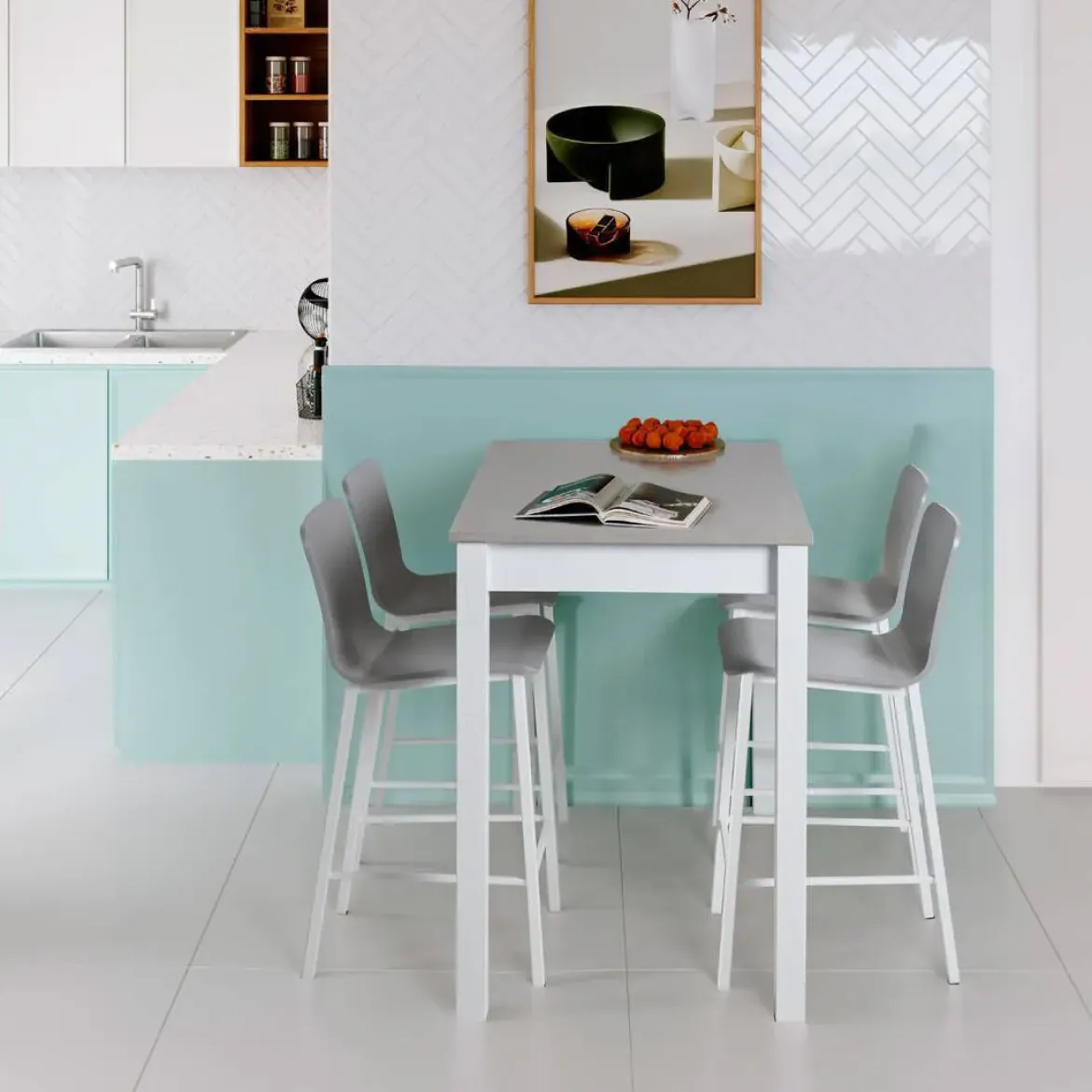 Taburete de Cocina de Metal en Blanco con Asiento de Madera TEBA