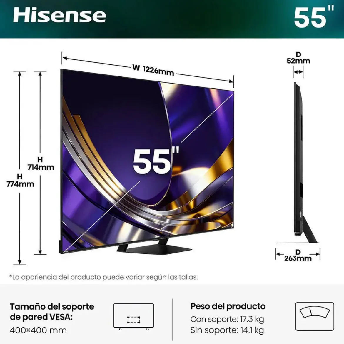 Televisor 55" Hisense 55U7S PRO Mini LED UHD 4K Smart TV con IA