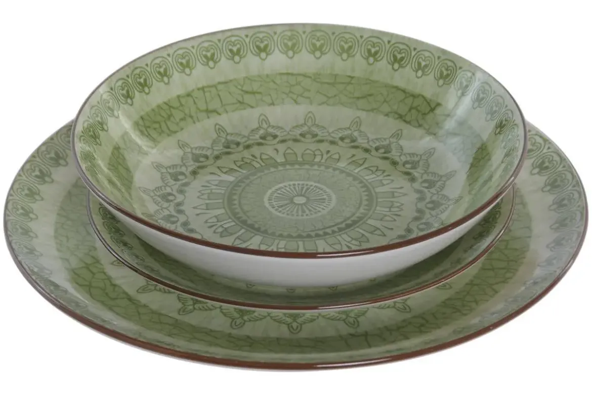 Vajilla de Porcelana 18 Piezas Color Verde Diseño de Mandala PC-228231