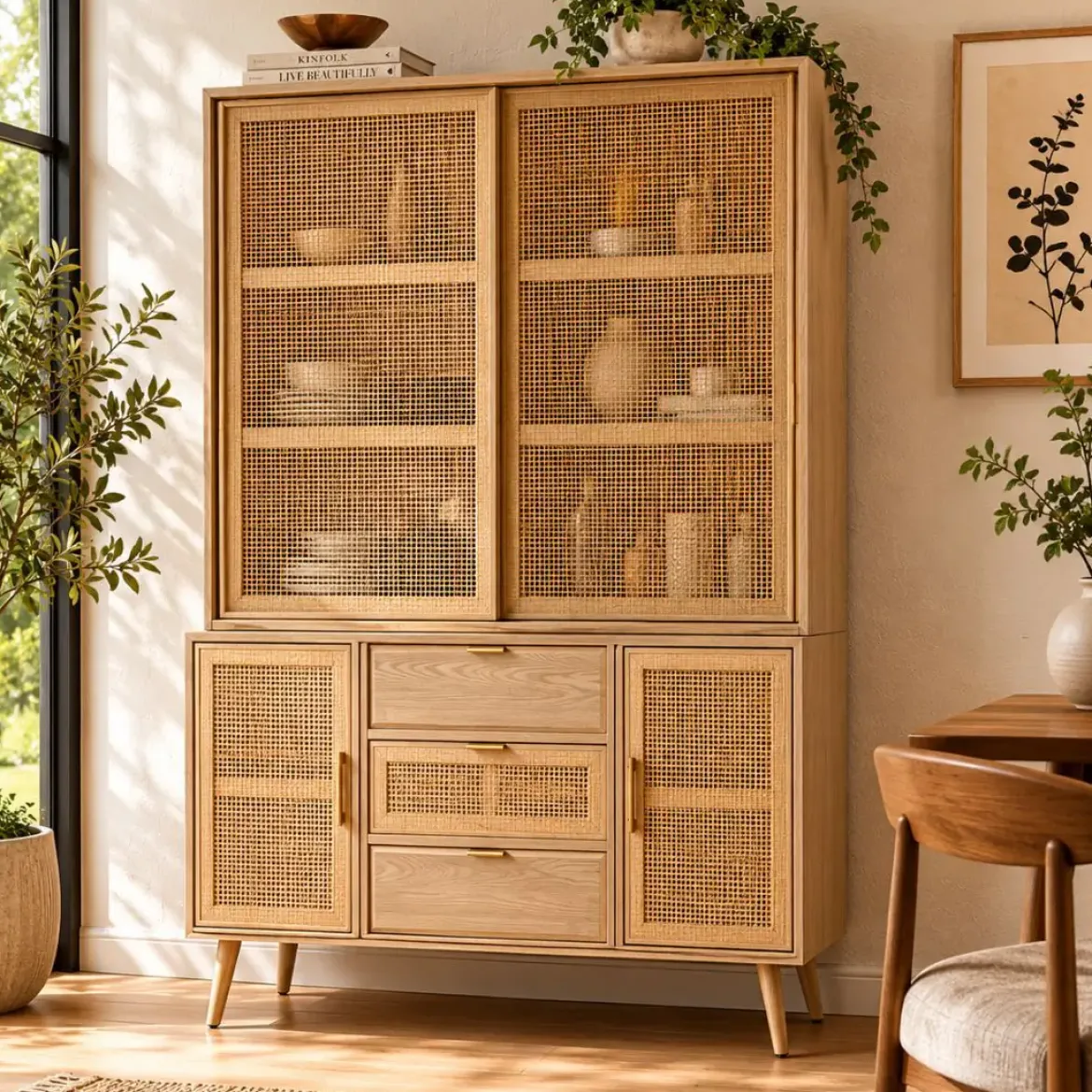 Vitrina de Madera Paulownia y MDF con Rejilla Natural MB-171759