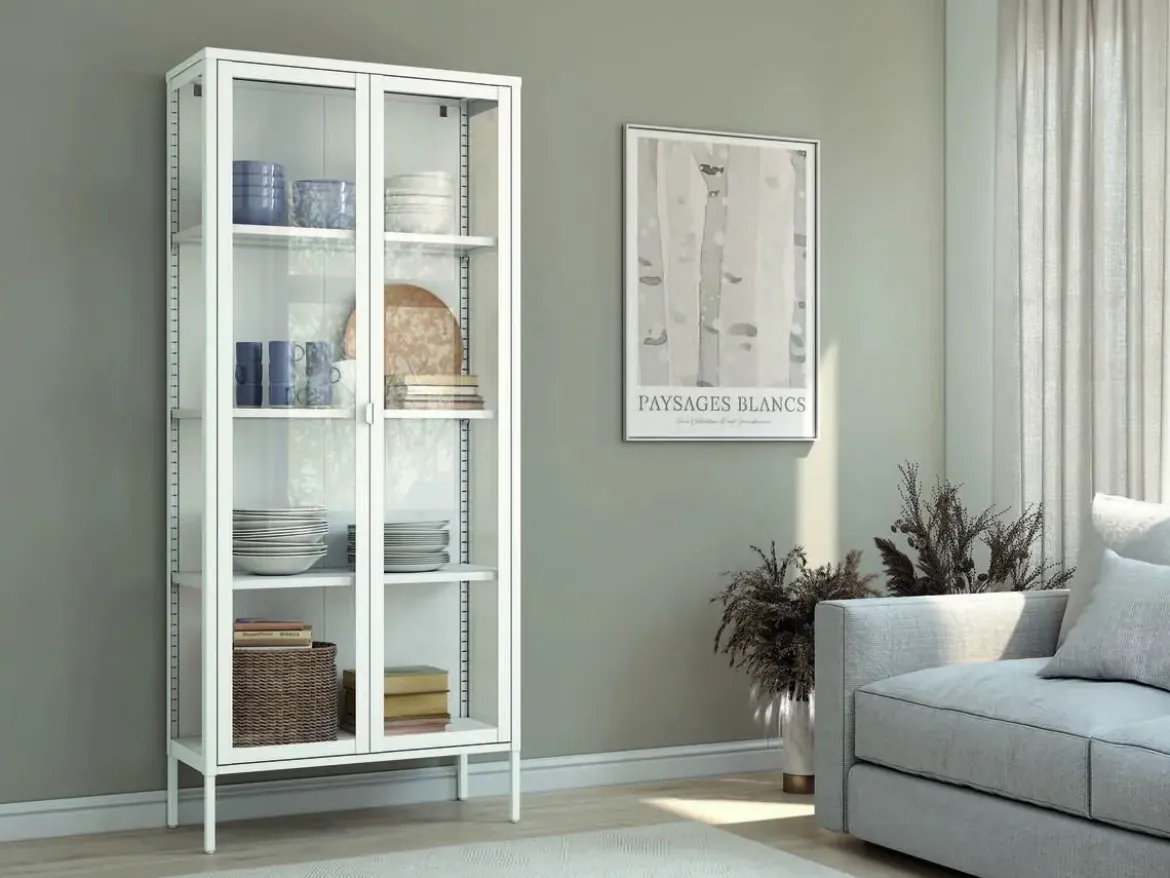 Vitrina de 2 Puertas de 80x185 cm Estructura de Metal Puertas de Cristal con Estantes Ajustables TITANIA