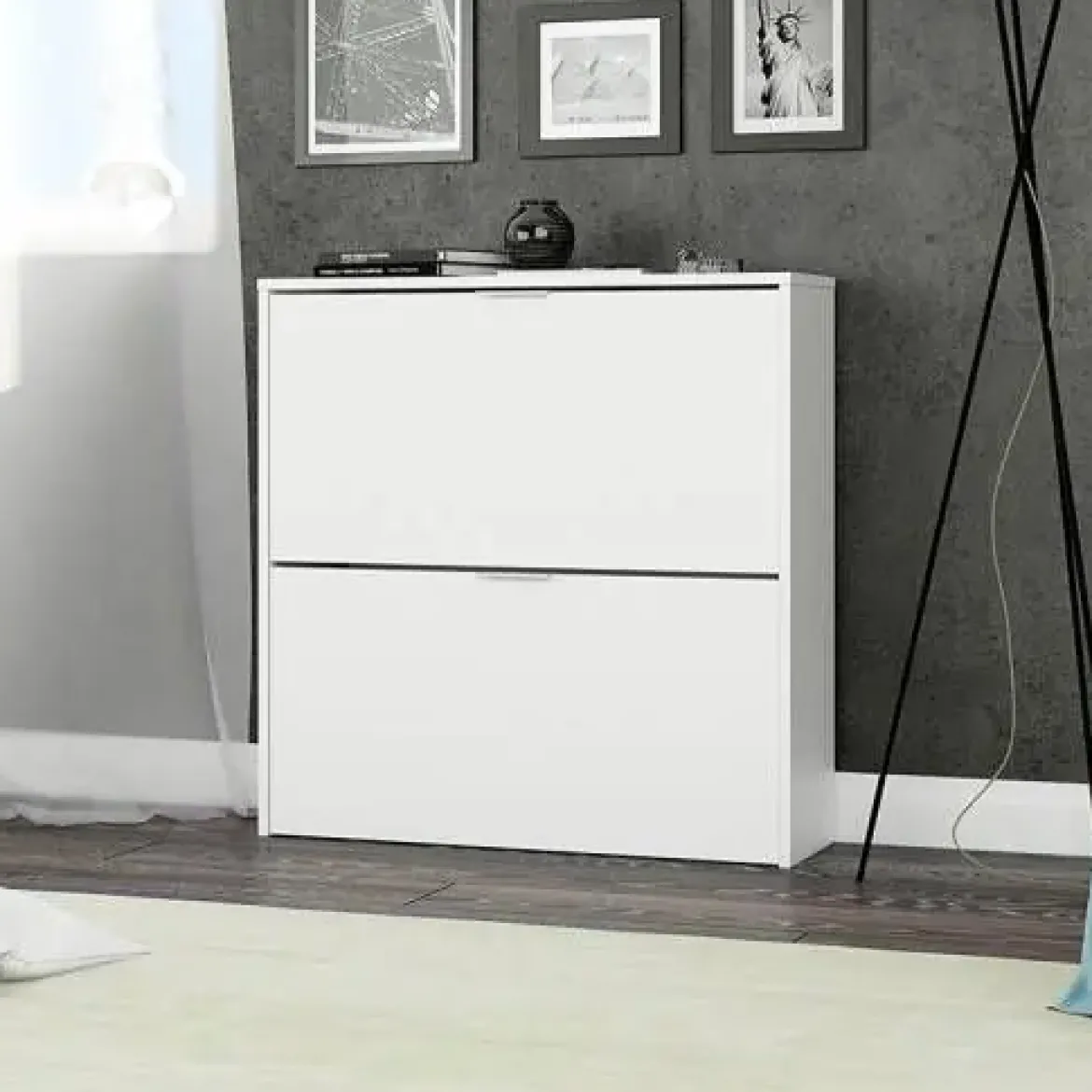 Zapatero abatible blanco de melamina de 2 puertas acabado blanco 007873O