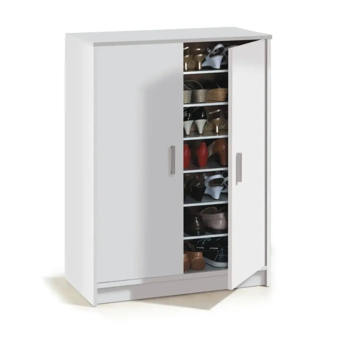 Zapatero blanco de melamina con 2 puertas y 6 estantes 007853O