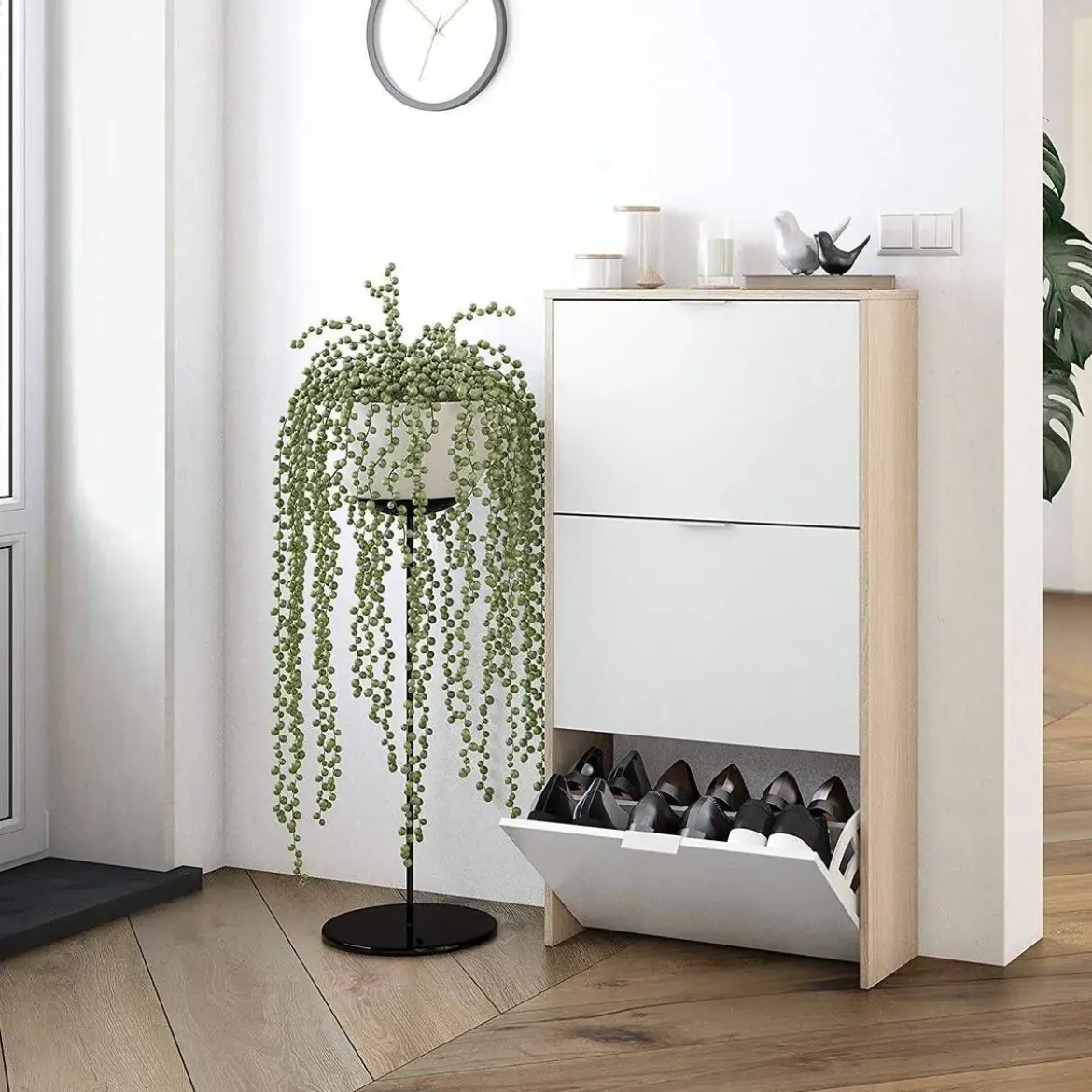 Zapatero de 3 Puertas Abatibles Roble/Blanco Brillo LC0877R
